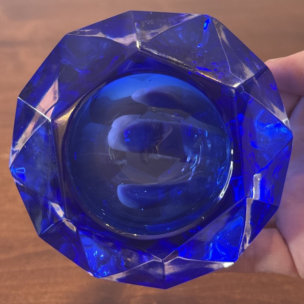 Vintage Cobalt Faceted Art Glass Small Bowl Votive Ashtray MCM 4"
